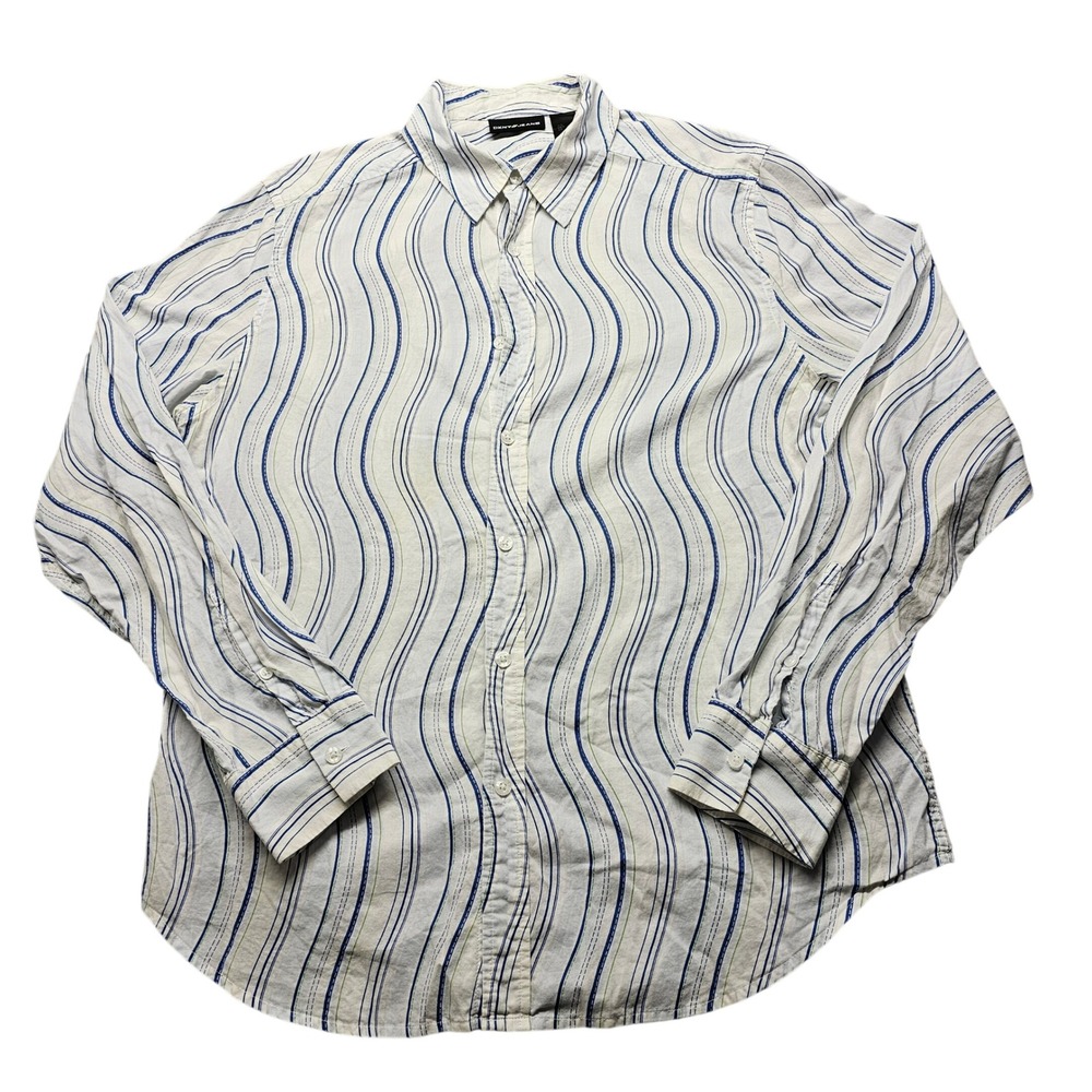DKNY Jeans Mens Large Wavy Stripe Button Down Shirt White Blue Green Cotton